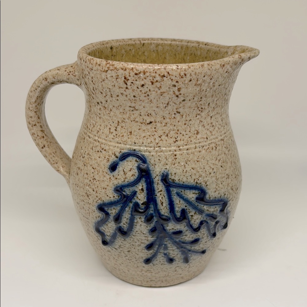 Speckled Hand Made Salt Glazed Pitcher with Blue Leaf Design